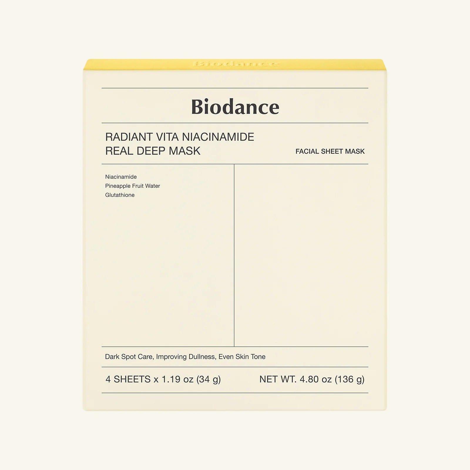 BIODANCE Yellow Radiant Vita Niacinamide Real Deep Mask - 4ea/8ea