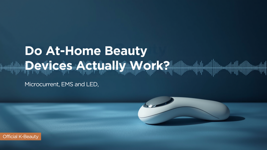 Navy editorial header for an honest guide to at-home beauty devices, with a handheld facial skincare device