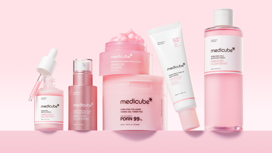 Medicube PDRN Pink collection - serum, exosome shot, capsule cream, toner pad, sun cream and toner