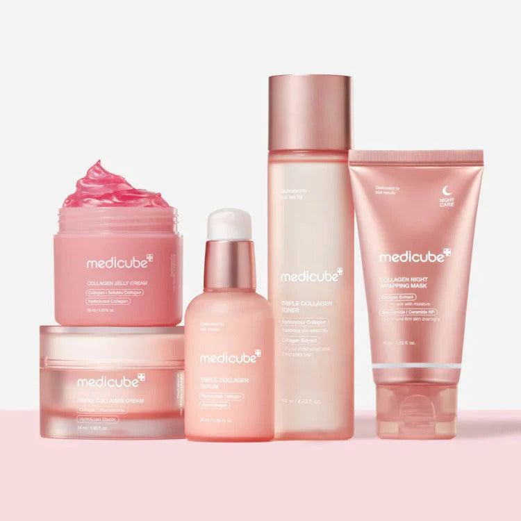 Medicube’s dermatologist-tested skincare including Zero Pore Pads and collagen boosters in bold red packaging