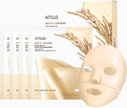 [Anua] Rice 70 Glow Collagen Mask – Radiant Clarity from Pure Rice Essence | 38 g × 4pcs