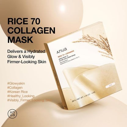 [Anua] Rice 70 Glow Collagen Mask – Radiant Clarity from Pure Rice Essence | 38 g × 4pcs