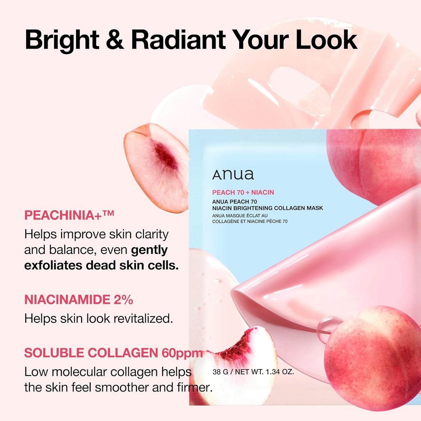 [celimax] Peach 70 Niacin Brightening Collagen Mask – Instant Radiance with Juicy Peach Power | 38g x 4ea