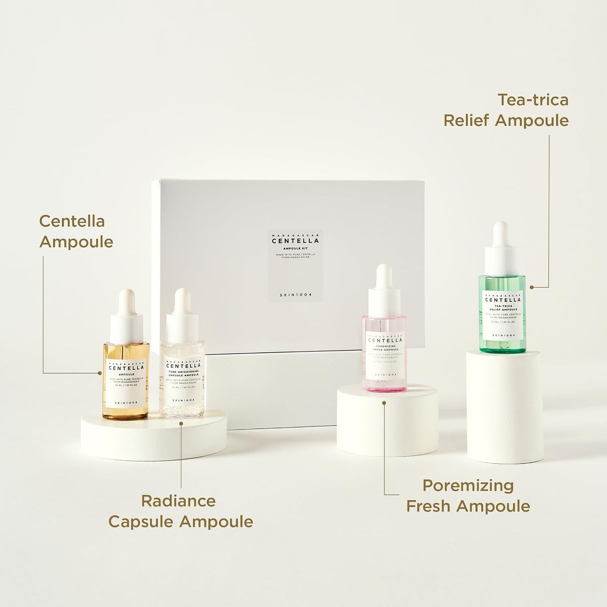 SKIN1004 Madagascar Centella Ampoule Kit, 4ea x 1.10 fl.oz, 30ml, Travel Size Face Serum Collection, Korean Skincare Set with Centella Ampoule and Hydrating Serum for Soothing Care, Korean Skin Care