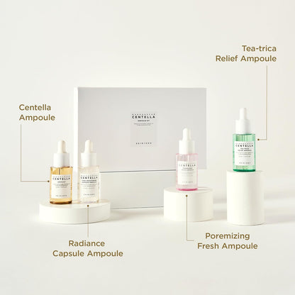 SKIN1004 Madagascar Centella Ampoule Kit, 4ea x 1.10 fl.oz, 30ml, Travel Size Face Serum Collection, Korean Skincare Set with Centella Ampoule and Hydrating Serum for Soothing Care, Korean Skin Care