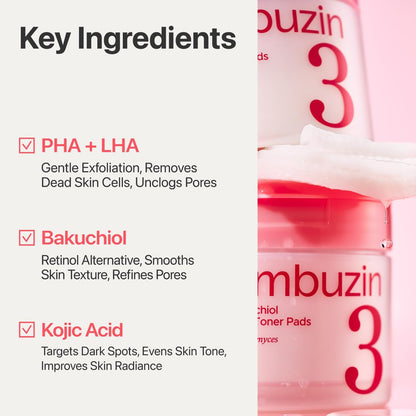 Numbuzin No.3 Bifida Bakuchiol Exfoliating Toner Pads - PHA + LHA Pore Care, Dual-Sided Pads for Blackheads & Whiteheads, Gentle for Sensitive Skin, 6.42 fl oz