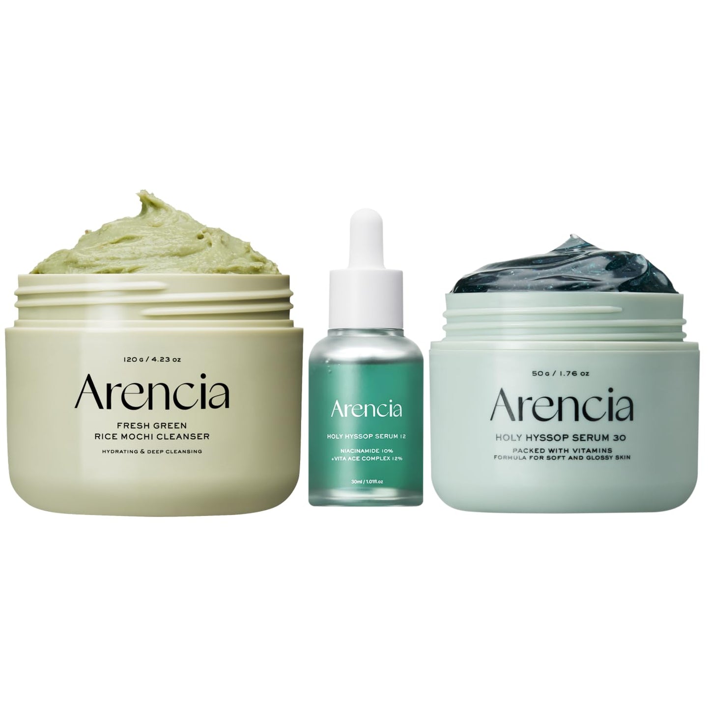 Arencia Glass Skin Ritual Trio – Green Rice Mochi Cleanser + Holy Hyssop Serum 30 Set 🌿✨
