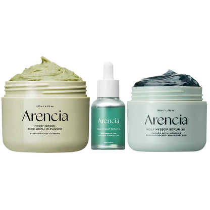 Arencia Glass Skin Ritual Trio – Green Rice Mochi Cleanser + Holy Hyssop Serum 30 Set 🌿✨