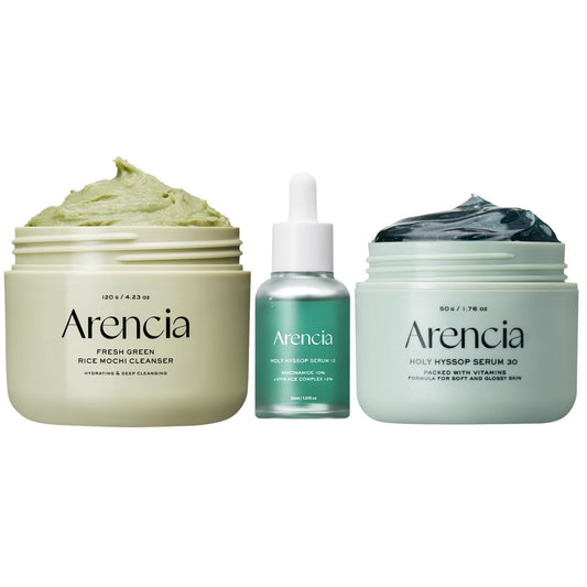 Arencia Glass Skin Ritual Trio – Green Rice Mochi Cleanser + Holy Hyssop Serum 30 Set 🌿✨