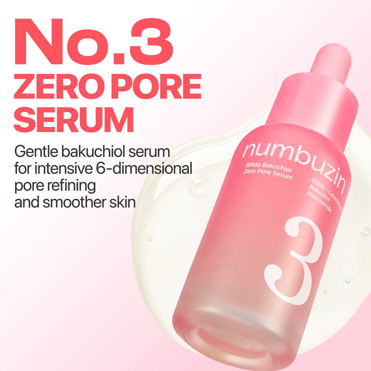 Numbuzin No.3 Bifida Bakuchiol Zero Pore Serum - Pore Minimizing & Tightening, Texture Smoothing, Helps Even Skin Tone with Kojic Acid, Gentle Retinol Alternative for Sensitive Skin, 1.01 fl oz