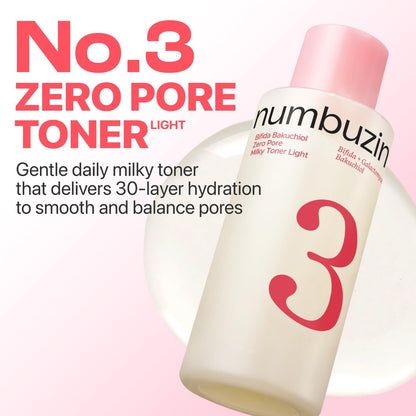 Numbuzin No.3 Bifida Bakuchiol Zero Pore Milky Toner Light - Hydrating Toner for Pores, Uneven Texture & Dark Spots, with Kojic Acid, for Sensitive Skin, 6.76 fl oz