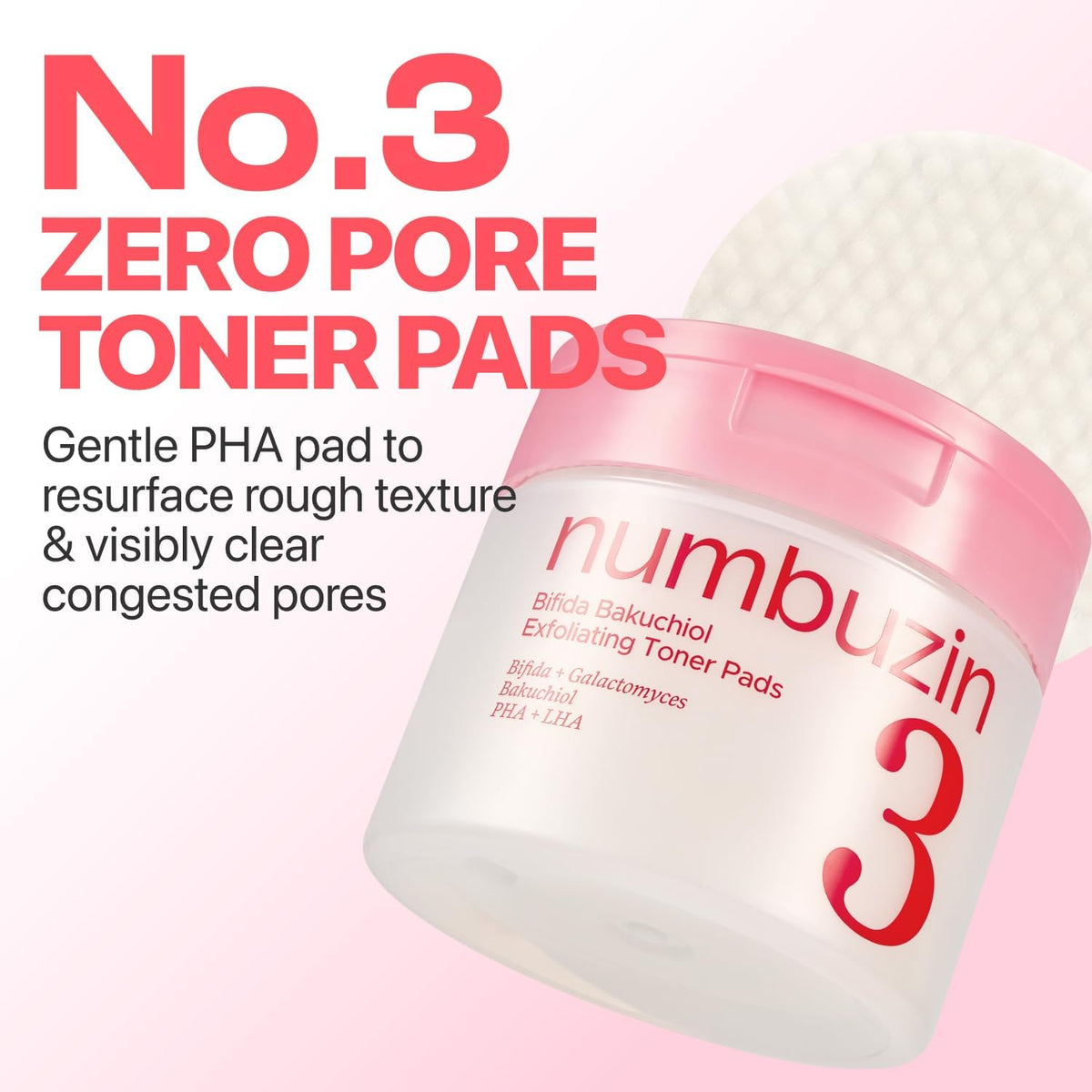Numbuzin No.3 Bifida Bakuchiol Exfoliating Toner Pads - PHA + LHA Pore Care, Dual-Sided Pads for Blackheads & Whiteheads, Gentle for Sensitive Skin, 6.42 fl oz