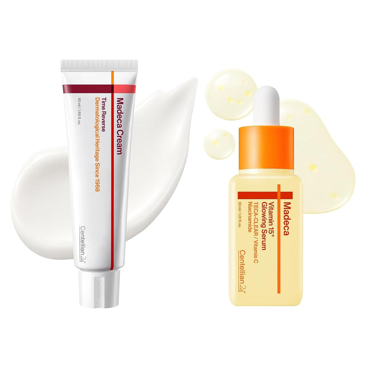 CENTELLIAN 24 Madeca Time Reverse Cream 1.69 fl oz + Vitamin 15+ Glowing Serum 1.01 fl oz – Korean Skin Care Set for Anti Aging, Uneven Tone, Blemish Corrector, Firming & Hydration