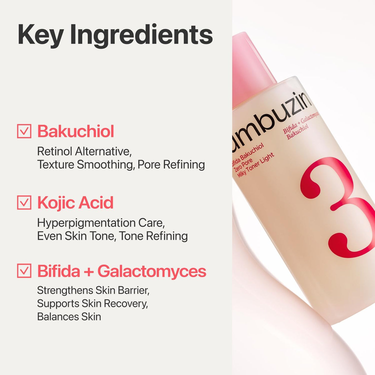 Numbuzin No.3 Bifida Bakuchiol Zero Pore Milky Toner Light - Hydrating Toner for Pores, Uneven Texture & Dark Spots, with Kojic Acid, for Sensitive Skin, 6.76 fl oz