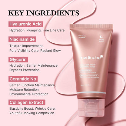 Medicube Collagen Overnight Wrapping Peel Off Facial Mask Pack - Elasticity & Hydration Care, Reduces Sagging & Dullness - Hydrolyzed Collagen For Glowing Skin - Korean Skin Care, 75ml