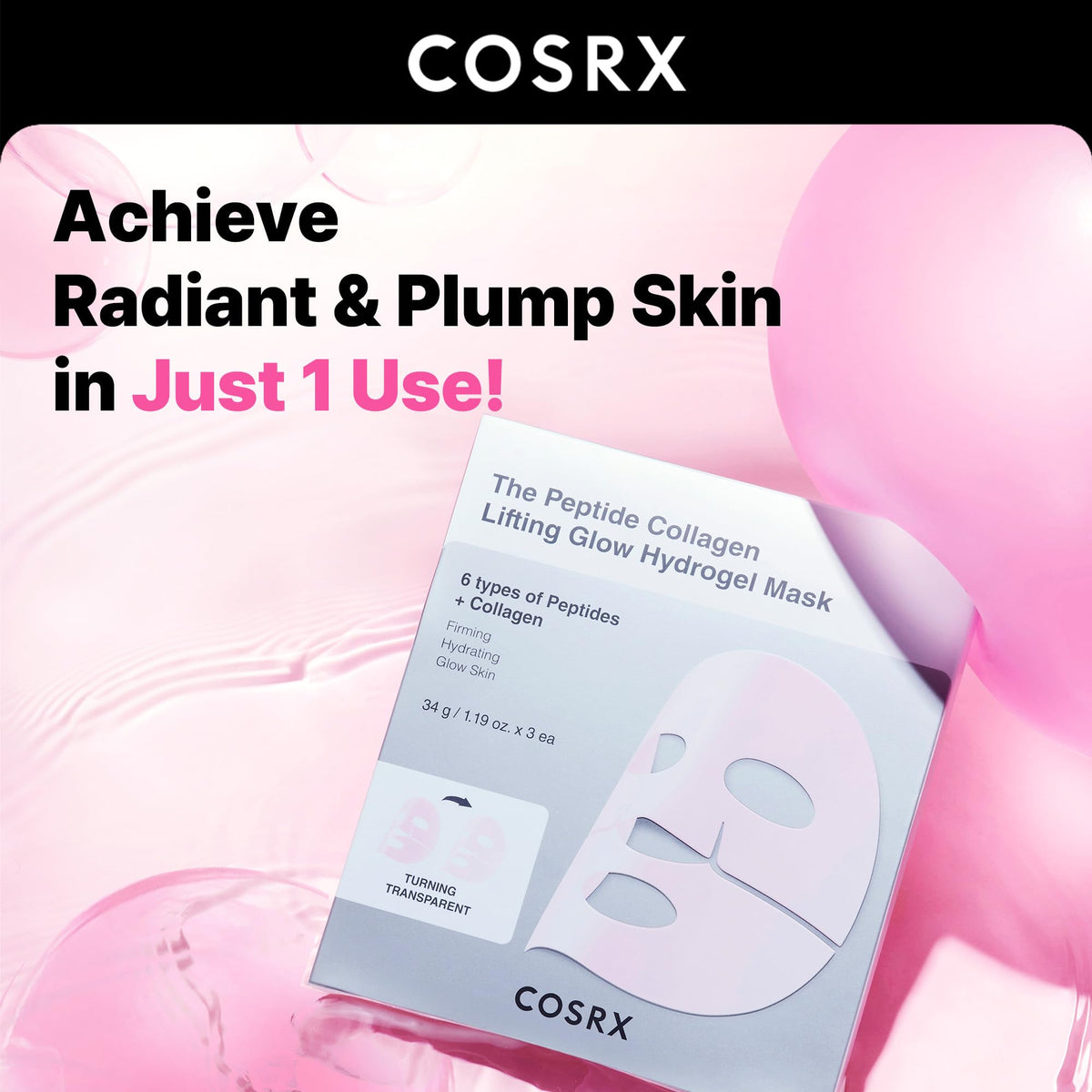 COSRX Advanced Snail Mucin Glass Glow Hydrogel Face Masks Skincare 3 EA, Collagen Face Mask, Travel Essentials, Overnight Face Mask, Korean Skin Care