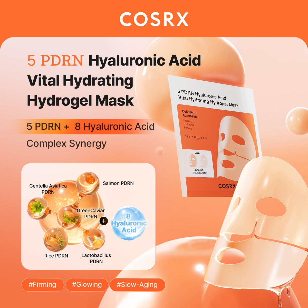 COSRX Advanced Snail Mucin Glass Glow Hydrogel Face Masks Skincare 3 EA, Collagen Face Mask, Travel Essentials, Overnight Face Mask, Korean Skin Care