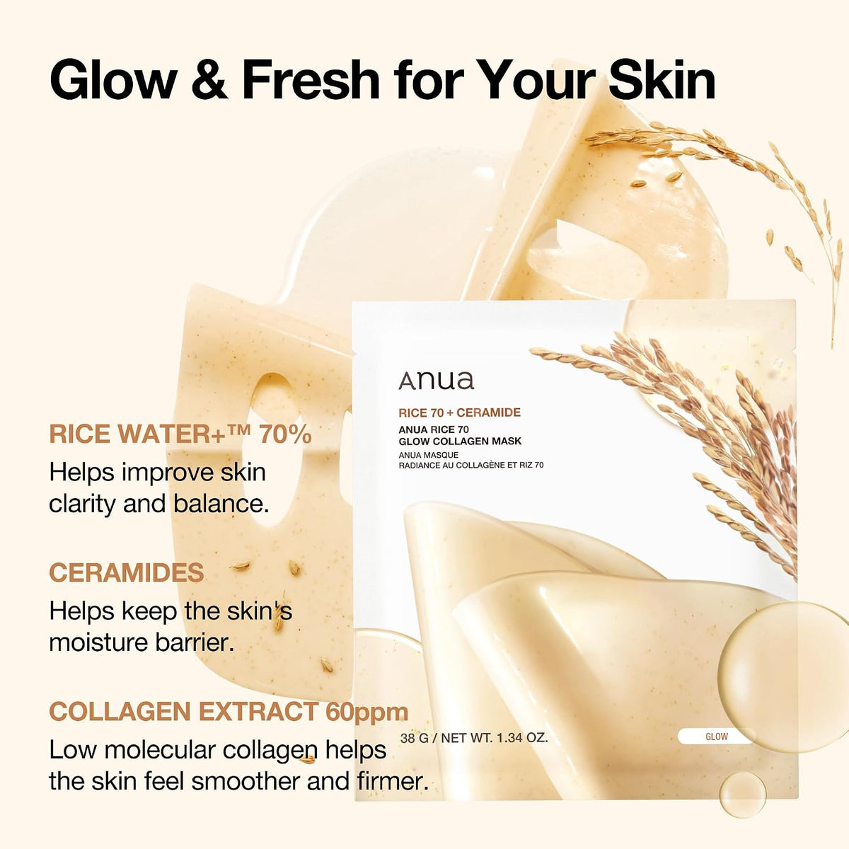 Anua Rice 70 Glow Collagen Mask (4 Sheets / 1.34 oz)